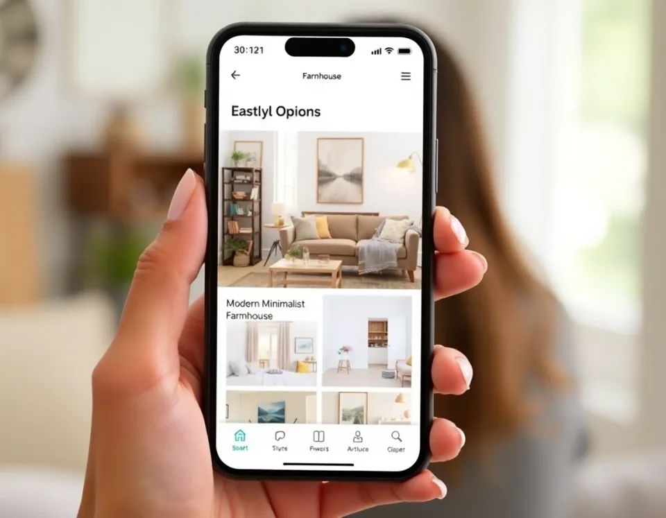 Phone screen showing style choices in the DecorAI AI home design app